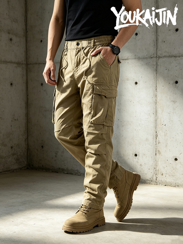 Pantalon cargo en coton pour homme, kaki, décontracté, tactique, multi-poches, noir, gris clair, pantalon de travail