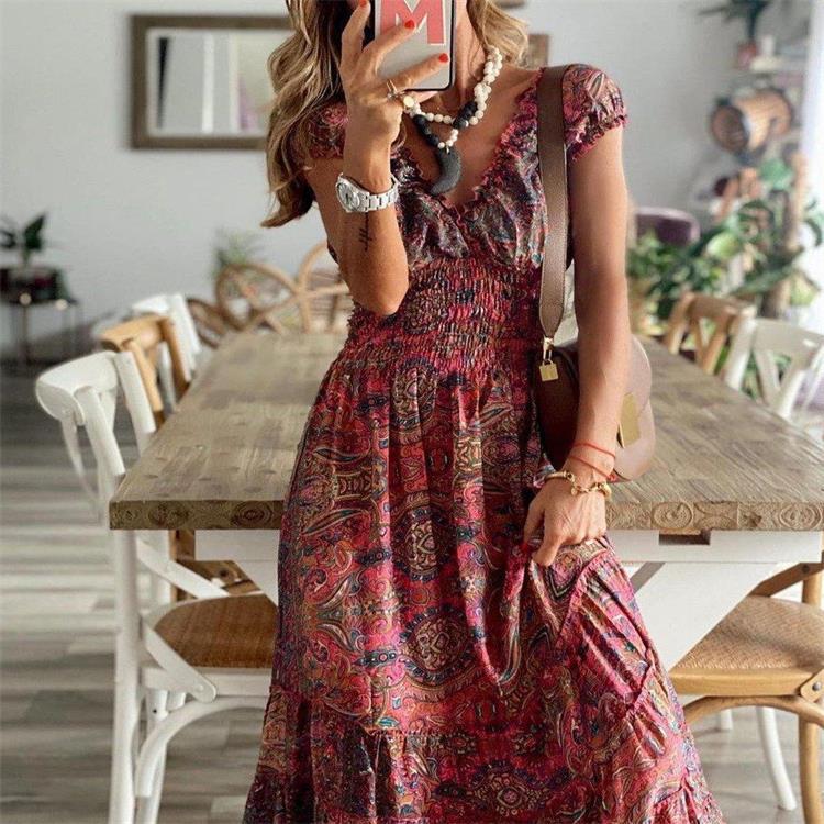 Nouvelle Robe Longue Style Bohème Européen et Américain 2026, Taille Cintrée, Imprimé Floral, Robe à Grand Ourlet