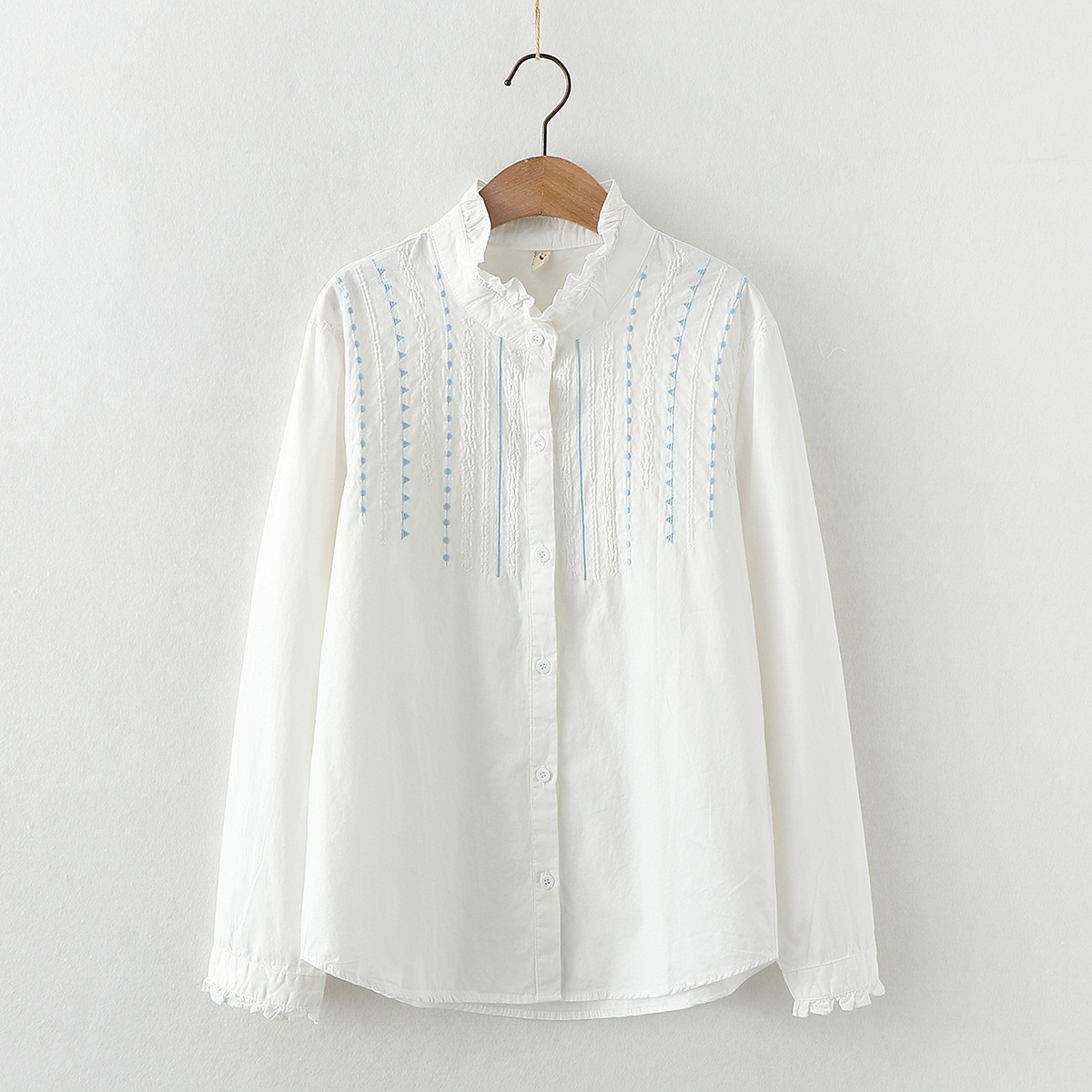 Chemise blanche en coton brodé pour femme, manches longues, col rabattu, froncé, chemisier décontracté, vêtements de travail pour femme de bureau, printemps, automne, nouveau