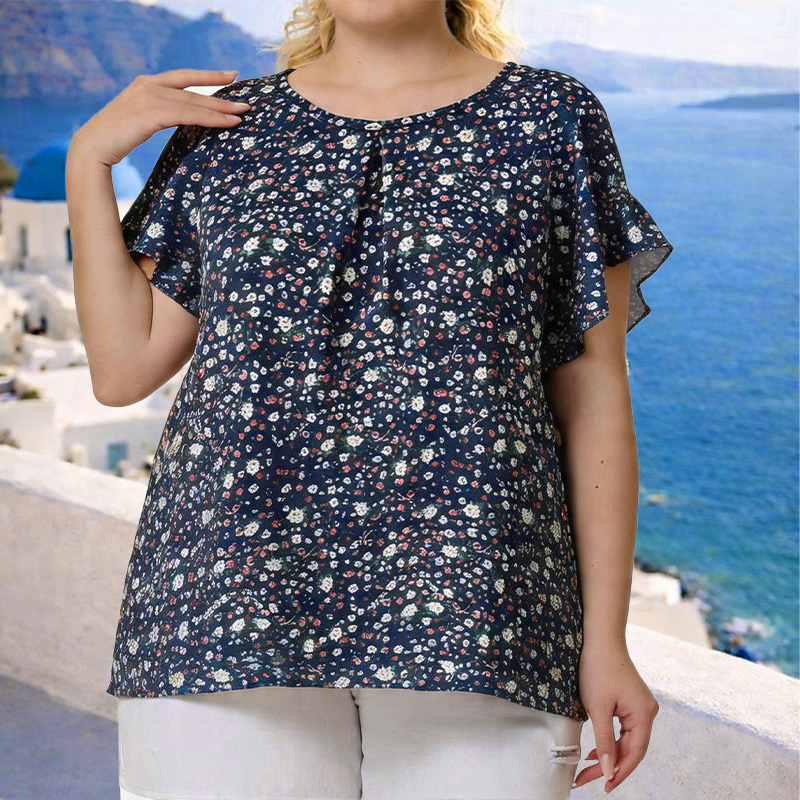 Chemisier à manches courtes à col rond et imprimé floral pour femme, taille plus, élégant, avec manches à volants, tendance estivale, décontracté
