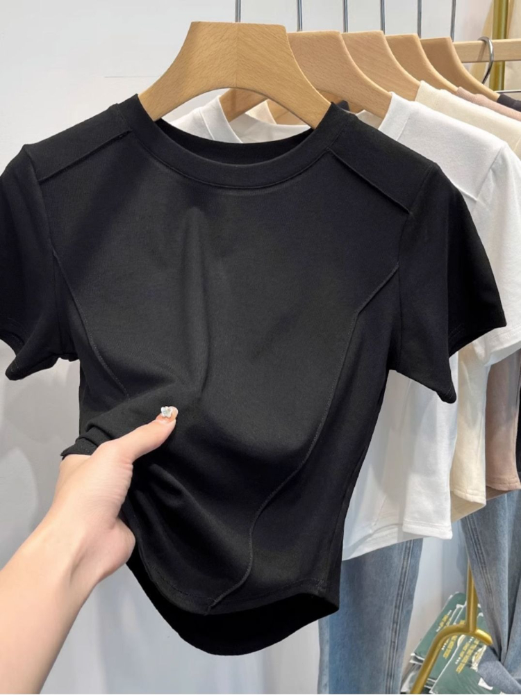 T-shirt manches courtes femme, blanc, en coton, polyvalent, Slim, Harajuku, haut court, tendance, été, 2026