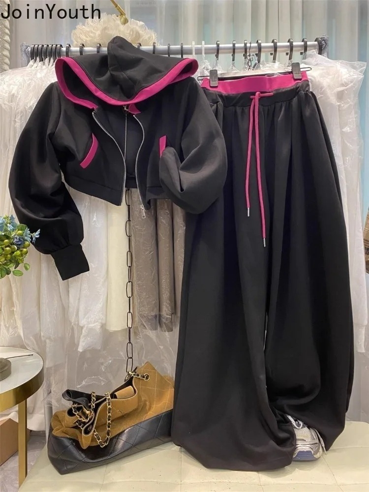 Ensemble pantalon et veste pour femme, 2 pièces, veste courte à capuche zippée, pantalon large à cordon de serrage, tenue décontractée tendance