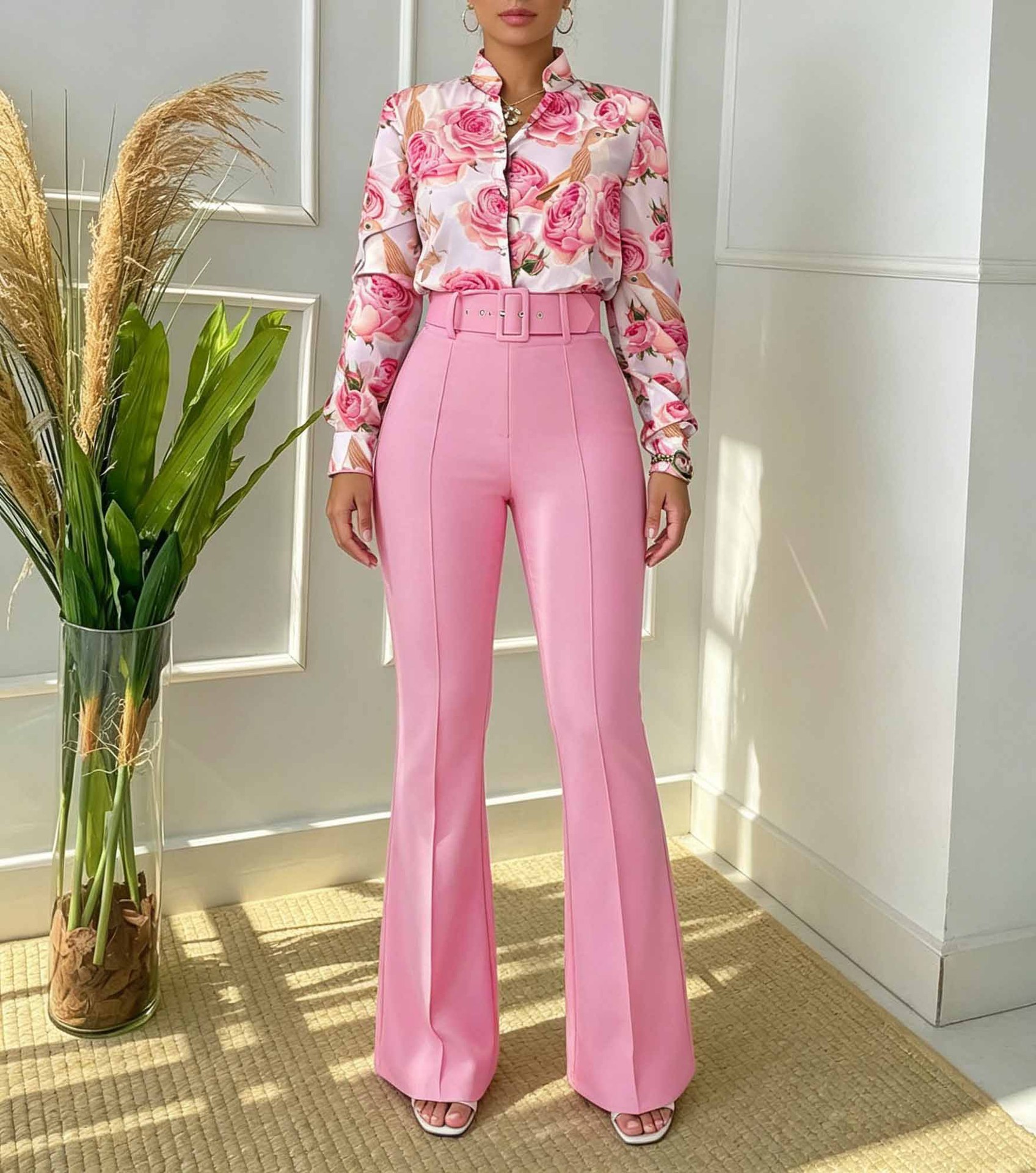 Ensemble élégant pour femmes automne 2026, comprenant un haut à manches longues à col montant imprimé et un pantalon droit, ensemble décontracté deux pièces.