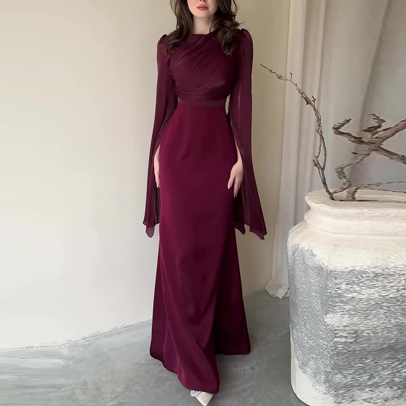 Robe de Soirée Longue en Satin pour Femme, Tenue Élégante, Couleur Unie, Col Rond, Manches Chauve-Souris, Taille Haute, Plissée