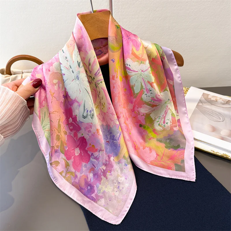 Foulard carré imprimé pour femme, imitation soie, bandanas, hijab floral de luxe, écharpe élégante, châle de plage