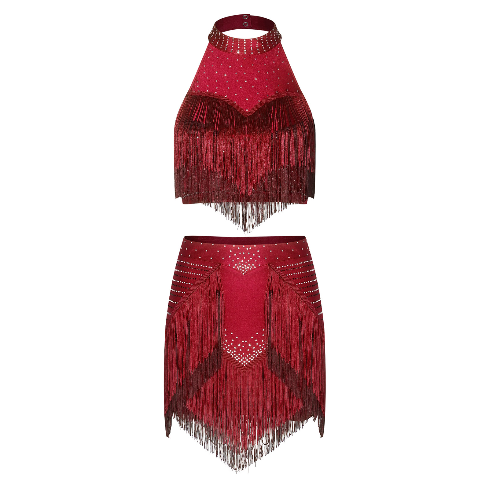 Tenue de danse latine pour femmes, rumba, avec strass et franges, haut court dos nu et mini-jupe à volants, pour la danse cha-cha et tango