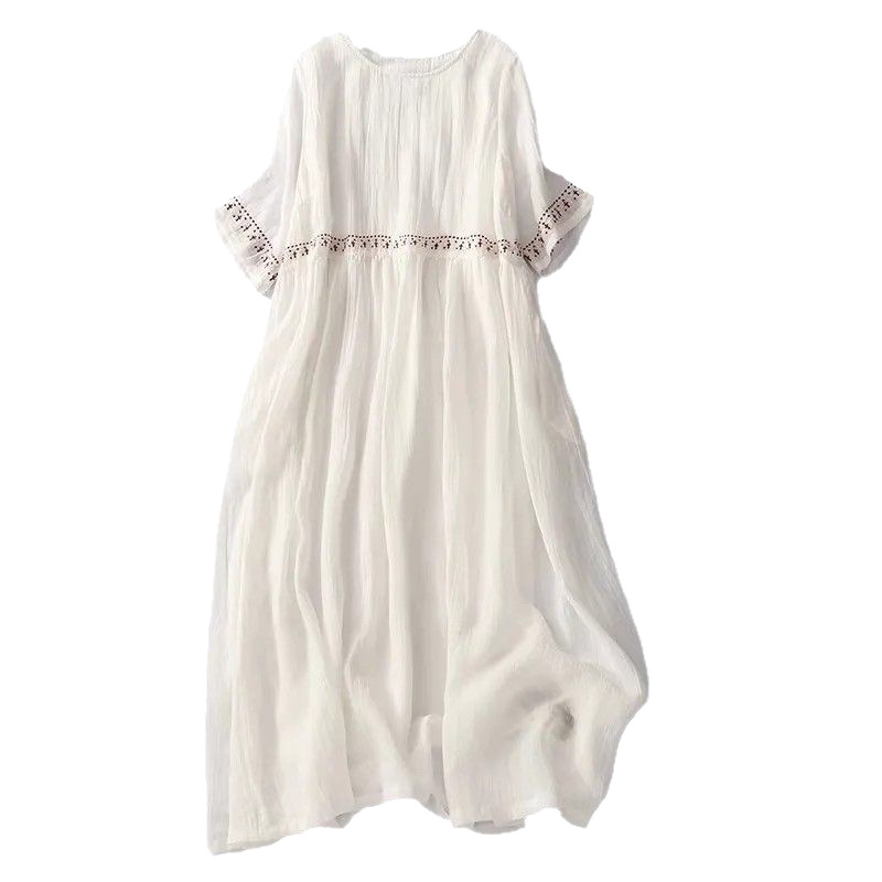 Robe d'été grande taille haut de gamme, style artistique rétro, ample, en coton et lin, coupe évasée, manches courtes, longueur mi-longue