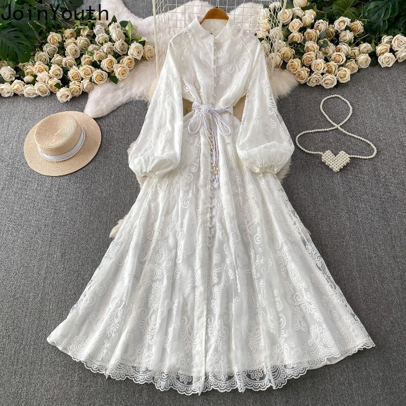 Robes Tunique Vintage pour Femme à Manches Longues, Taille Cintrée, Col Montant, Broderie Dentelle, Robe Longue Maxi 2026