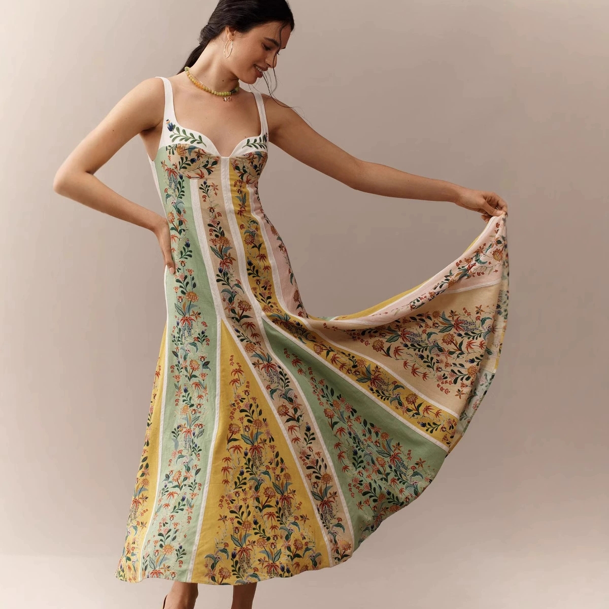 Mode femmes élégantes sans manches robes de soirée décontracté col en V profond robe Maxi été dos nu taille haute robe imprimée robes