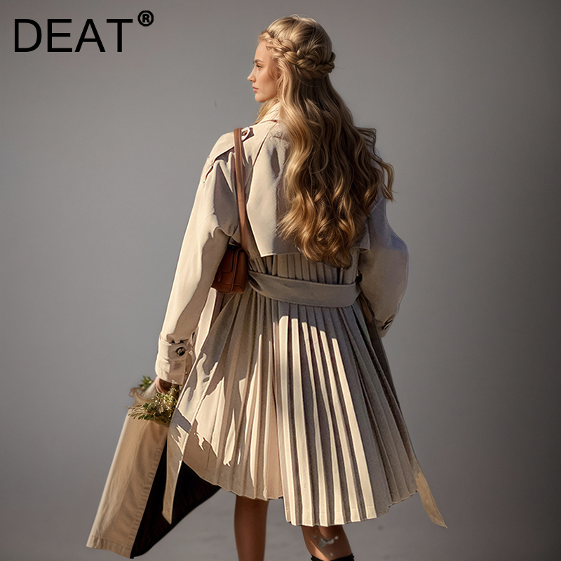 DEAT mode kaki dos plissé patchwork Trench manteau femmes revers ample Double boutonnage ceintures coupe-vent nouveau 7AB8900
