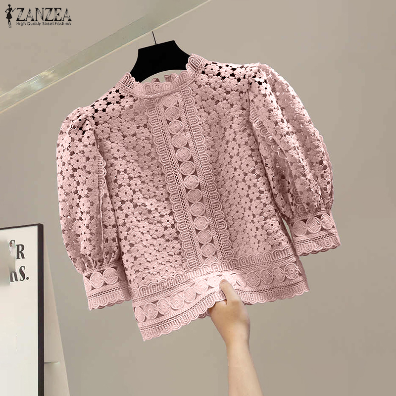 ZANZEA Blouse élégante en dentelle pour femme, manches 3/4 bouffantes, couleur unie, tunique décontractée transparente à col rond pour l'été 2026, chemise de bureau pour femme