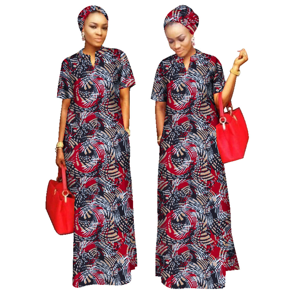 BRW-Vêtements College africains pour femmes, tenues à manches courtes, écharpe de tête gratuite, robe longue pour femme, taille maxi, WY843