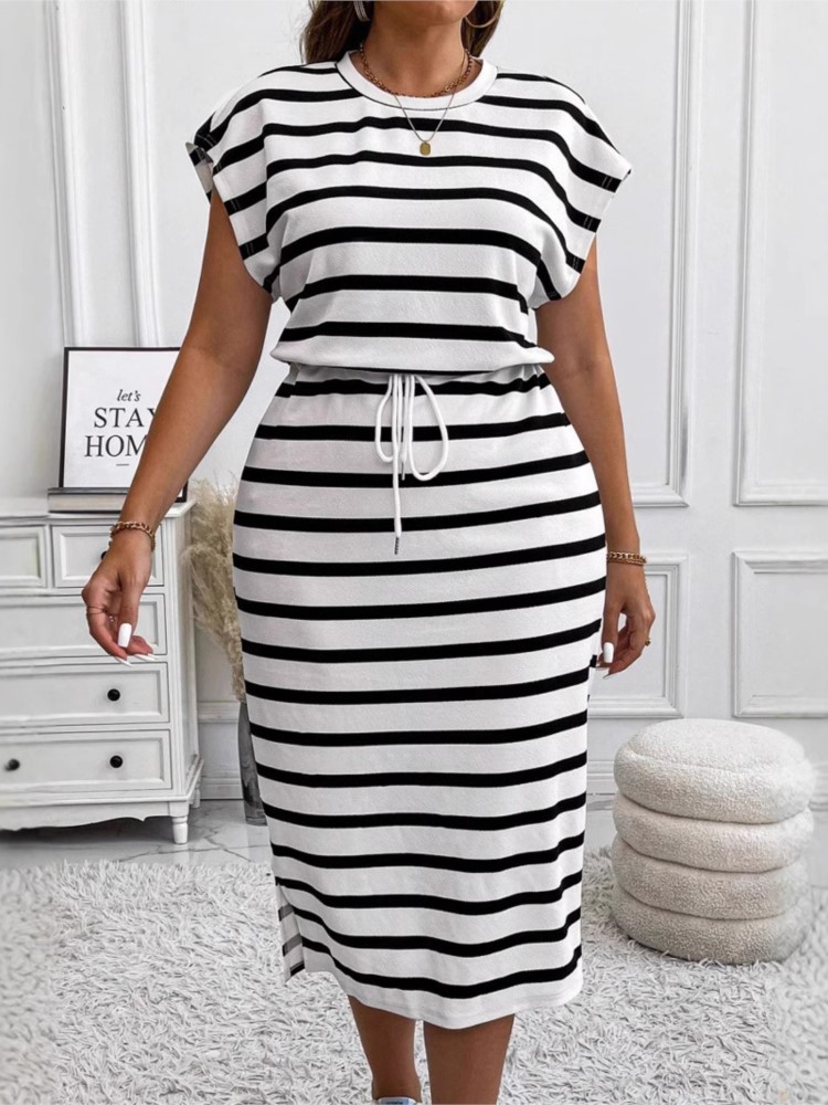 Robe d'été décontractée à manches courtes pour femmes, imprimé rayé, mode, taille cintrée, t-shirt à lacets, robes de sport féminines, 2025