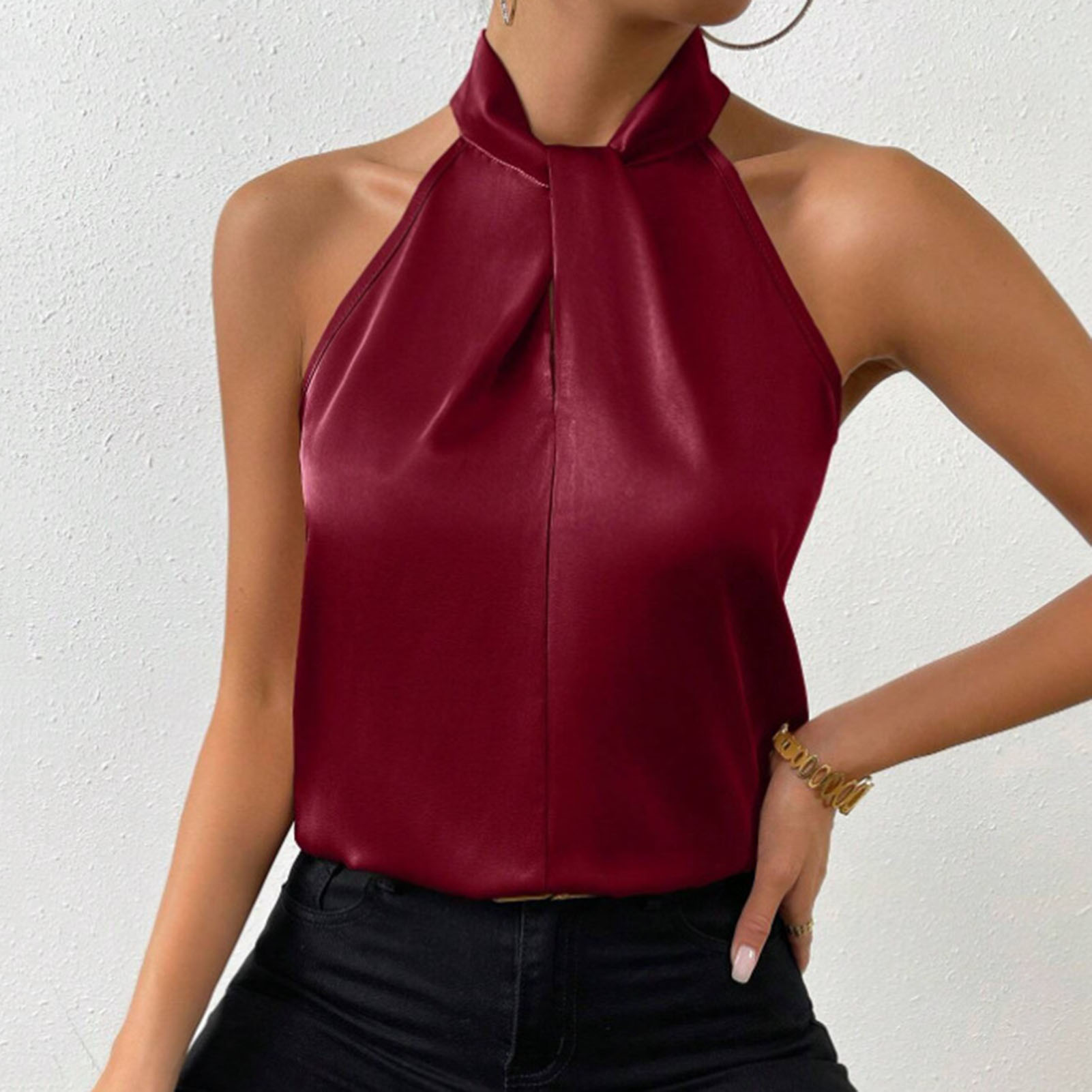 Débardeur en Satin lisse pour femmes, haut d'été, col licou, sans manches, coupe ample, Imitation soie, gilet de fête, de bureau, vêtements de travail