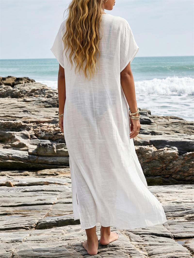 Robe de plage en crochet style bohème, kaftan long à fente, col en V, manches courtes, grande taille, pour vacances, plage, piscine, vente en gros