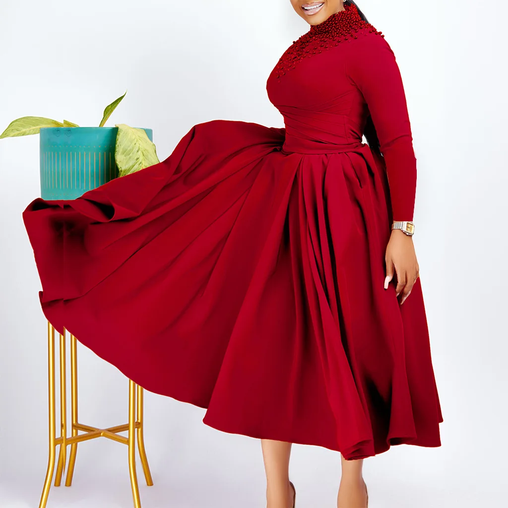 Robes de soirée femmes à manches longues col roulé brodé évasés robe robes pull ample légèrement extensible hiver décontracté moulante
