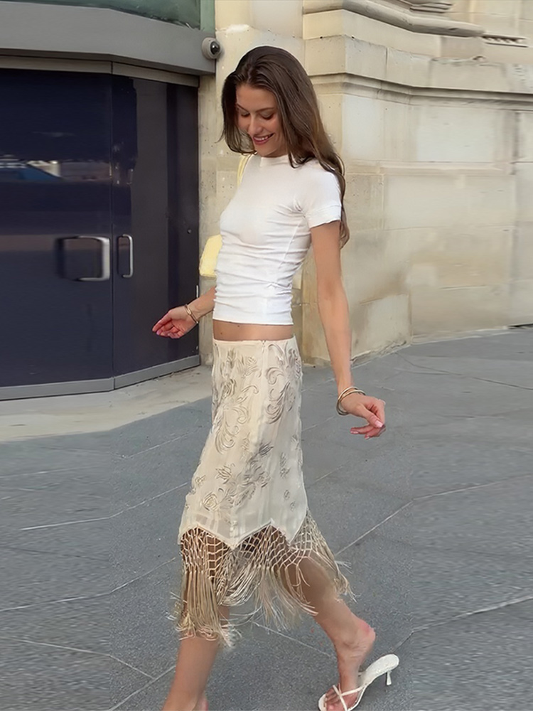 Jupe mi-longue en satin à imprimé floral pour femme, taille haute, fendue, droite, élégante, décontractée, chic, estivale, amincissante, style streetwear pour femmes