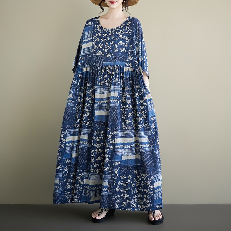 Nouvelle robe longue d'été décontractée et ample à manches courtes en coton vintage à motif floral pour femme, vêtement élégant 2026