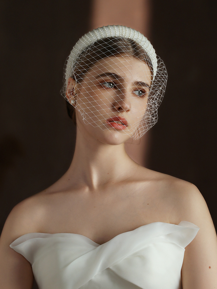 Bandeau rembourré avec voile pour femmes, bandeau de perles de mariée, large bandeau pour cheveux, couvre-chef pour fête de mariage, Showgirl