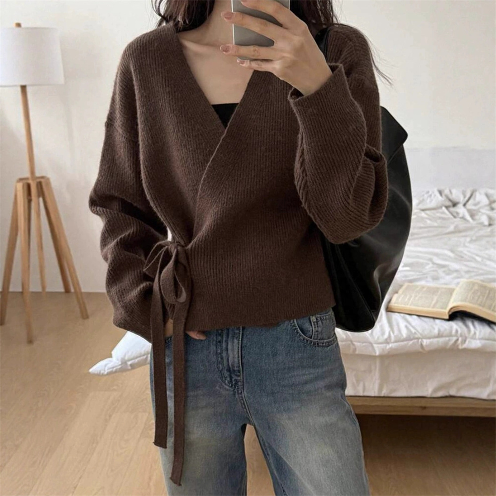 Mode coréenne femmes mince Sexy col en v taille tricot pull 2025 automne hiver pull Cardigan femme vêtements chandails pour les femmes