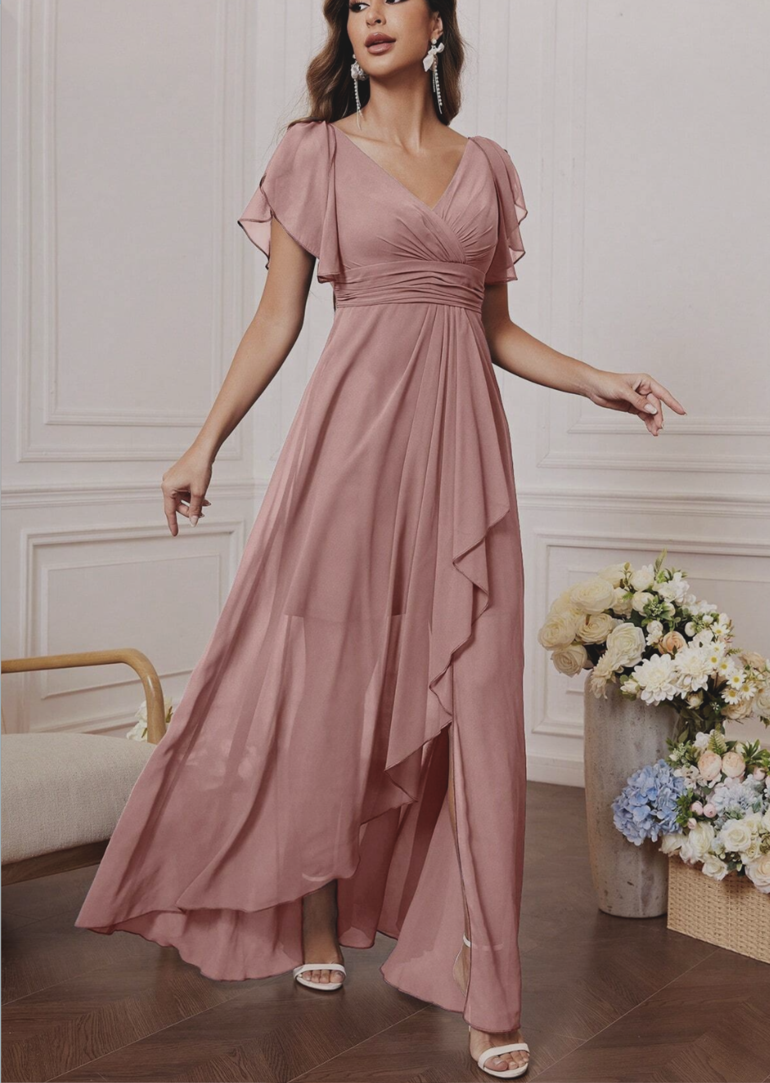 Robe en mousseline à col en V, manches en forme de feuille de lotus, taille haute, plissée, jupe fluide, robe de demoiselle d'honneur, longue robe de soirée de style français