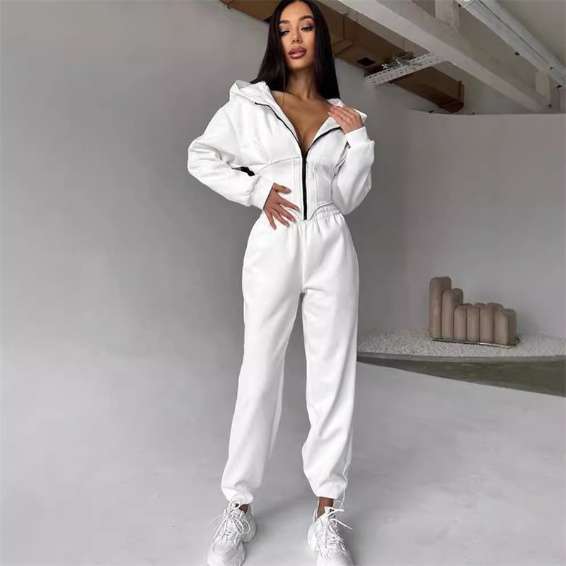 2025 sweat deux pièces costume femmes sport décontracté ensembles fermeture éclair à capuche tunique veste courte haut pantalon droit 2 pièces ensembles
