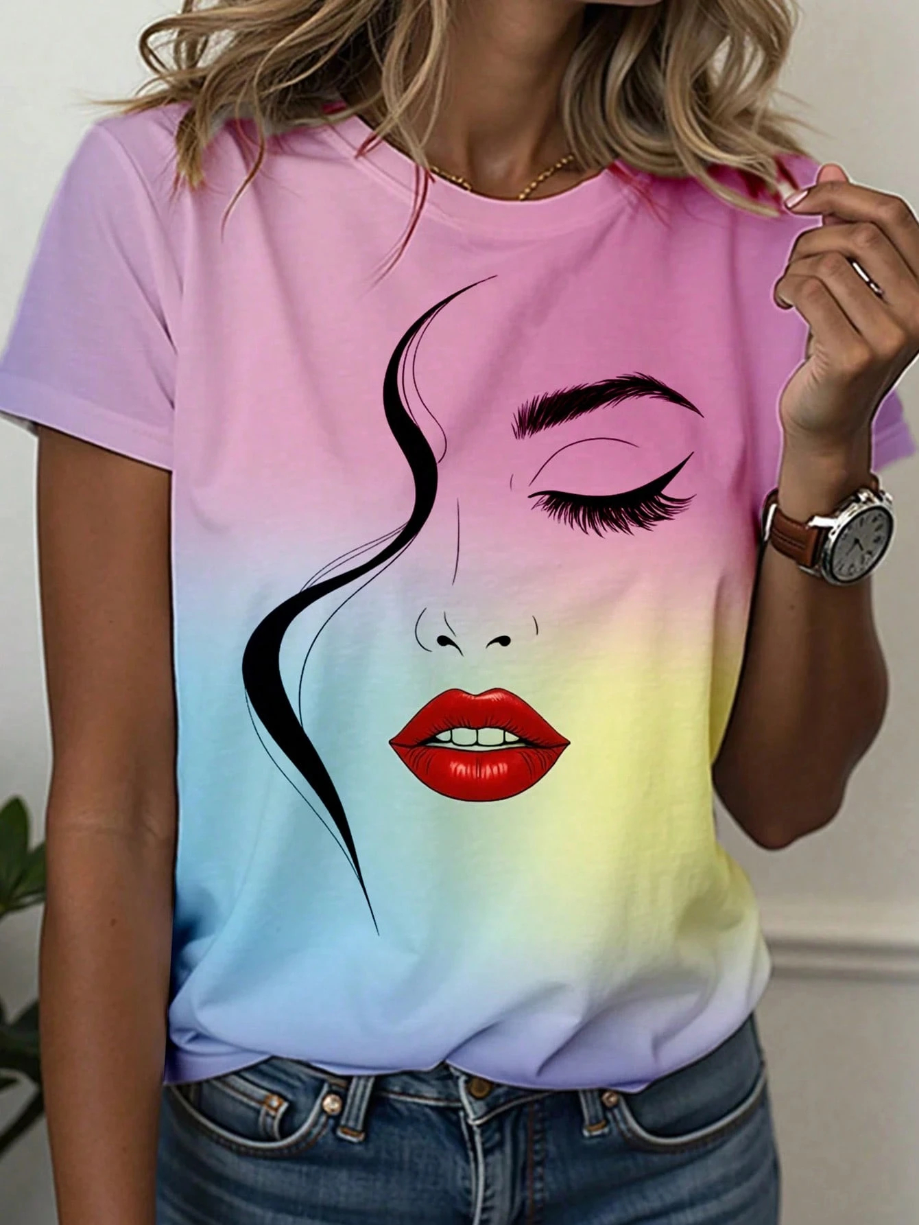 T-Shirt femme abstrait visage ligne Art graphique imprimé hauts décontracté col rond manches courtes T-Shirt été en plein air mode femme vêtements