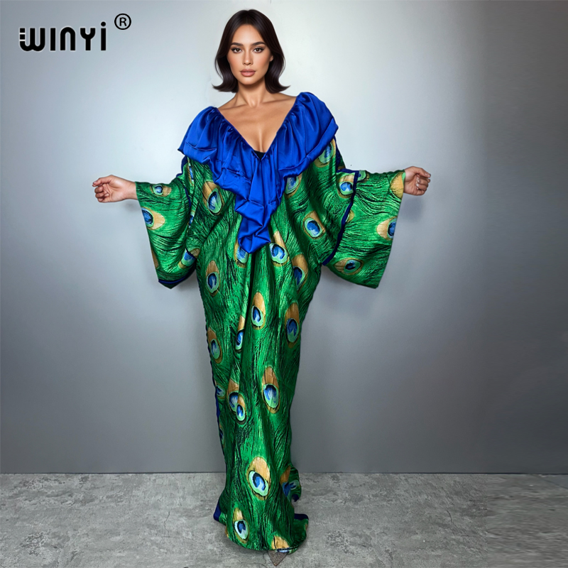 WINYI Robe Sexy Bohème à Décolleté Profond, Abaya Musulmane, Robe de Plage pour Femme, Vêtements de Plage, Kaftan Abaya de Luxe Dubaï