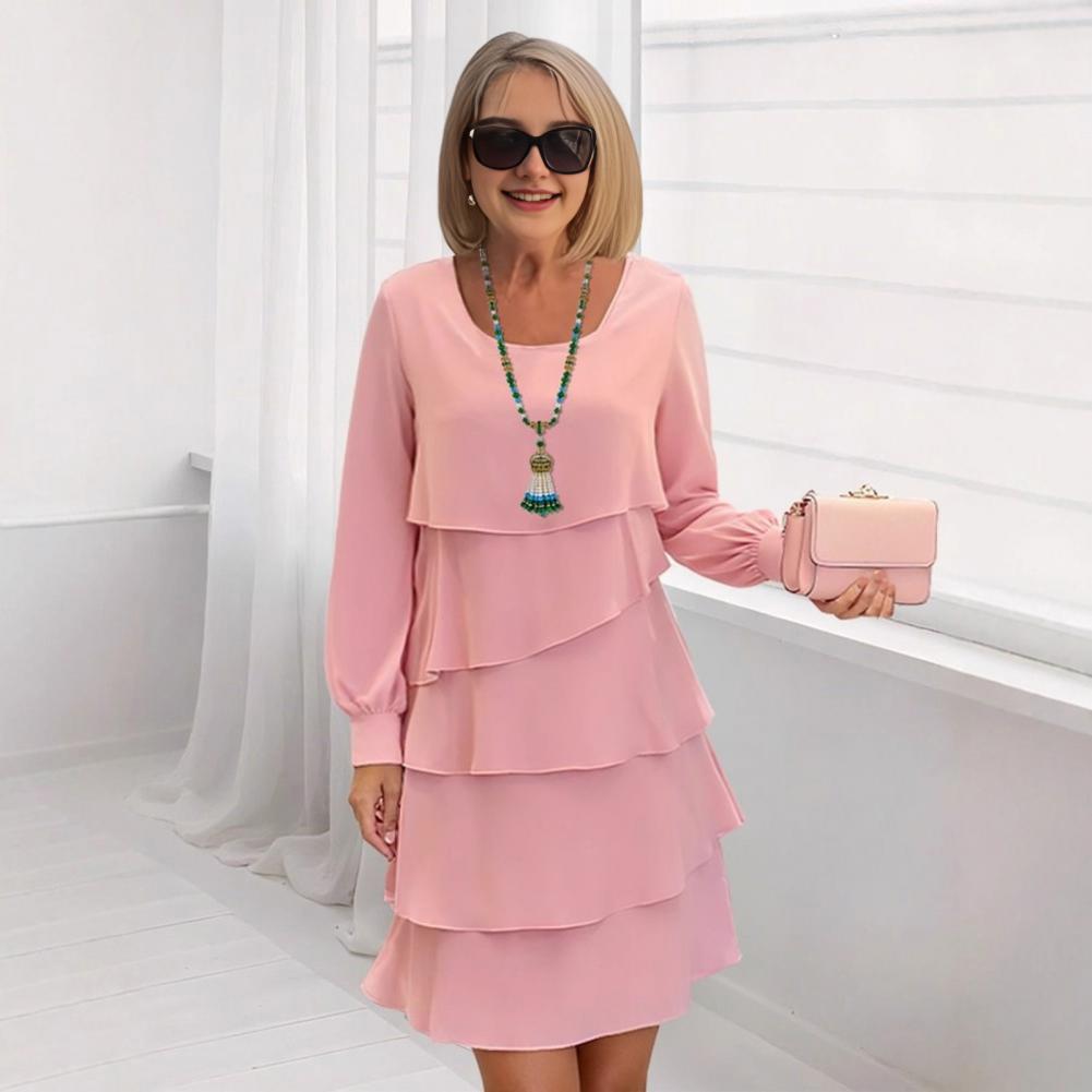 Robe en tissu léger pour femmes, élégante, multicouche, gâteau, couleur unie, col rond, manches longues, pour les vacances