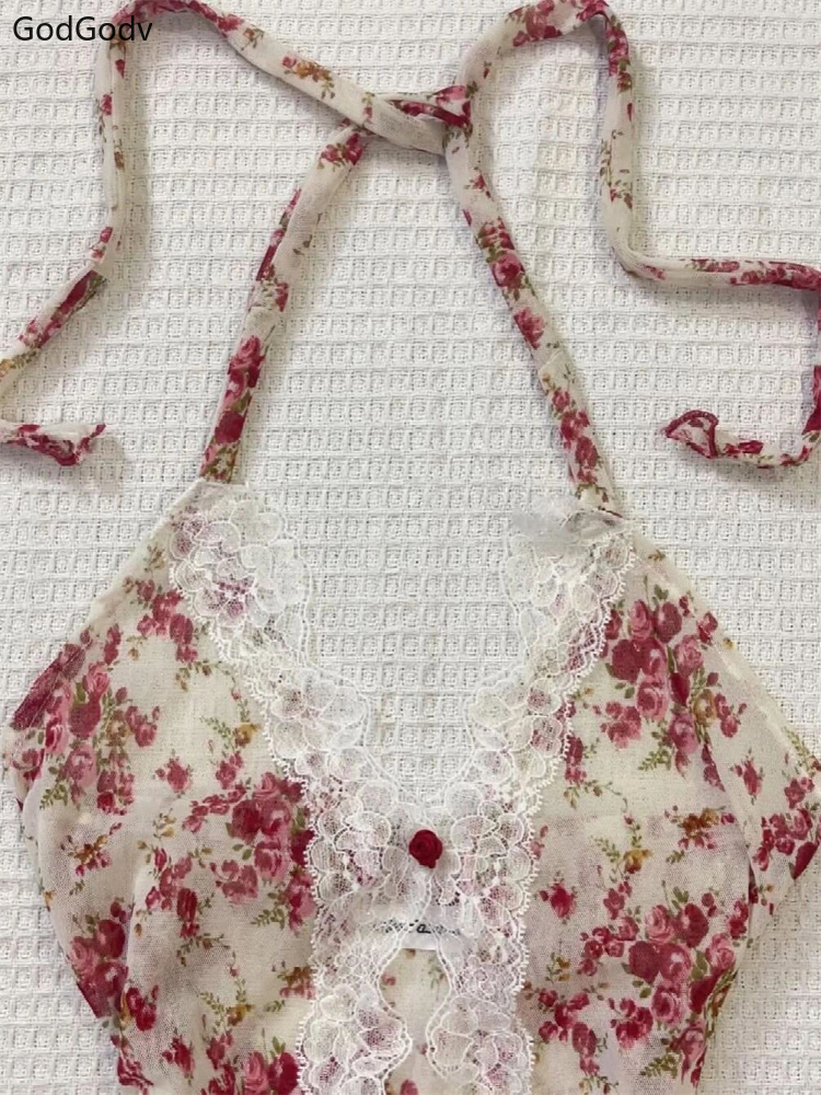 2025 été femme Floral licou dentelle Blouse 2025 Vintage Sexy Slim Fit fée mode coréenne femme hauts tenues Style élégant