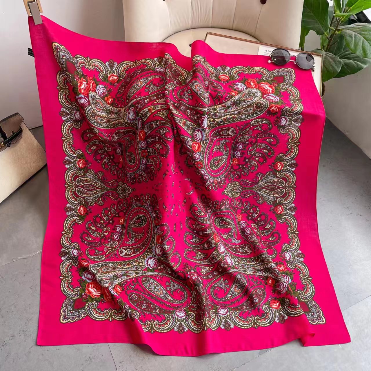 Foulard Russe à Imprimé Floral pour Femme, Hijab, Bandes de Sauna, Châles de Luxe, Grande Taille, Carré, Bandana, Mouchoir, Voile Babushka, 110x110cm