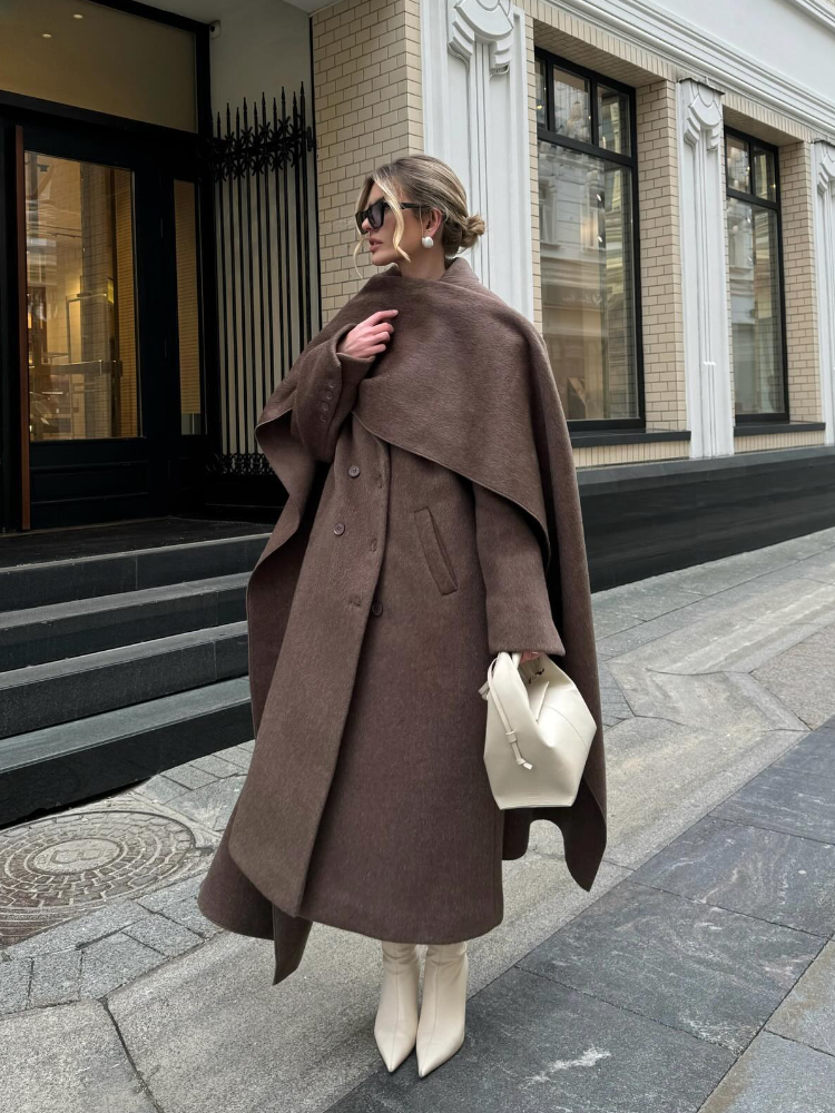 Élégant grand col écharpe femmes pardessus décontracté solide Double boutonnage poches manteaux 2025 automne nouvelle dame trajet vêtements d'extérieur ﻿