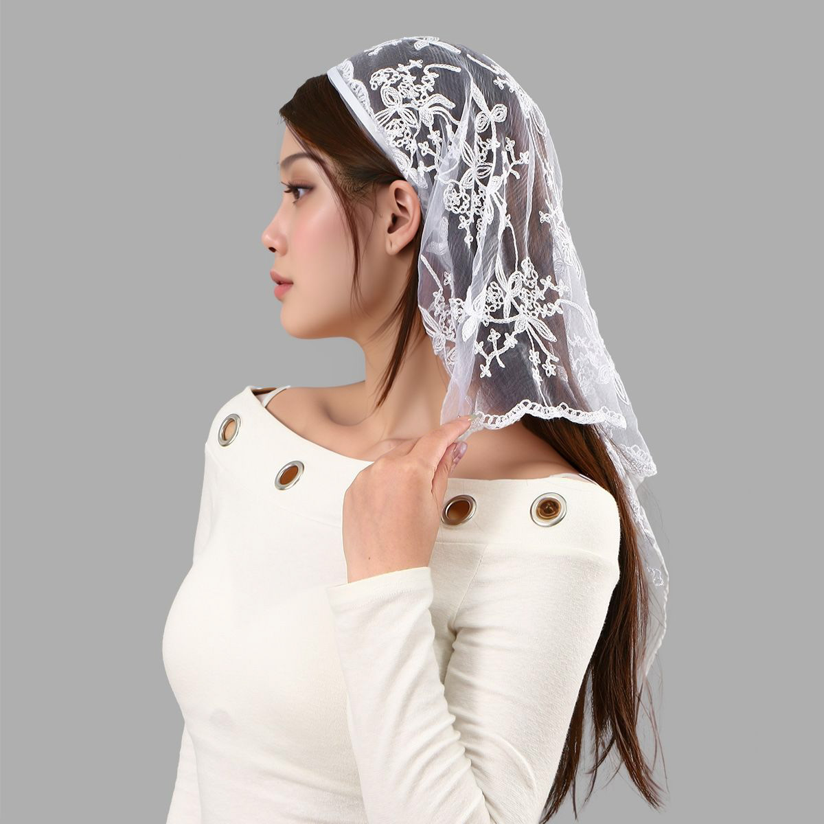 Foulard triangulaire en dentelle pour femme avec bandeau intégré, broderie ajourée, fin, vintage, pour cheveux