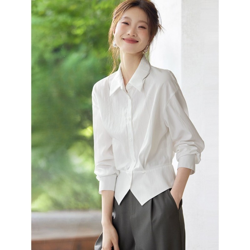 Chemisier élégant à manches longues pour femme, col à revers, coupe ajustée, idéal pour le bureau, respirant, pour l'été et le printemps