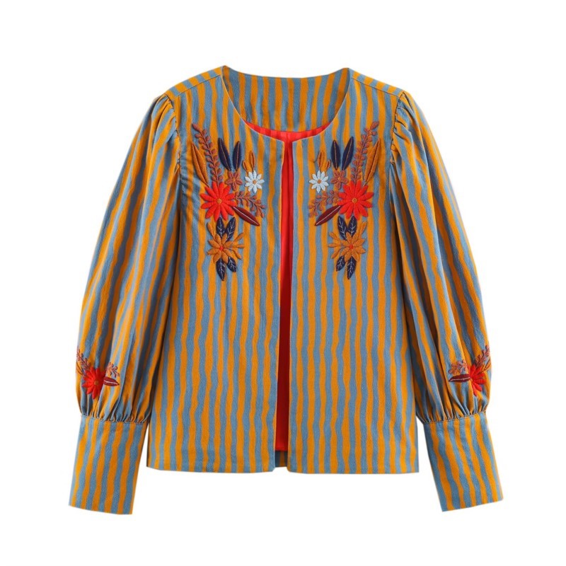 Vestes pour femmes, automne, nouvelle collection, rayées, fleurs brodées, col rond, manches longues, manteaux tendance, vêtements décontractés pour femmes, haut chic