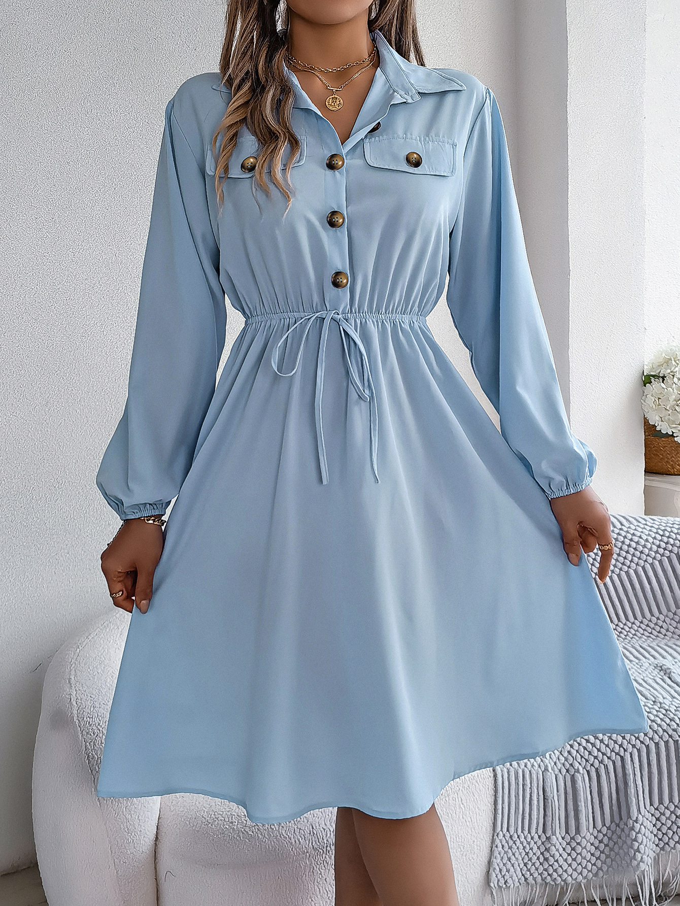Robes d'automne et d'hiver pour femmes, décontractées, couleur unie, boutonnées, à nouer, à manches longues, bleu, vert, noir, rouge, vêtements pour femmes
