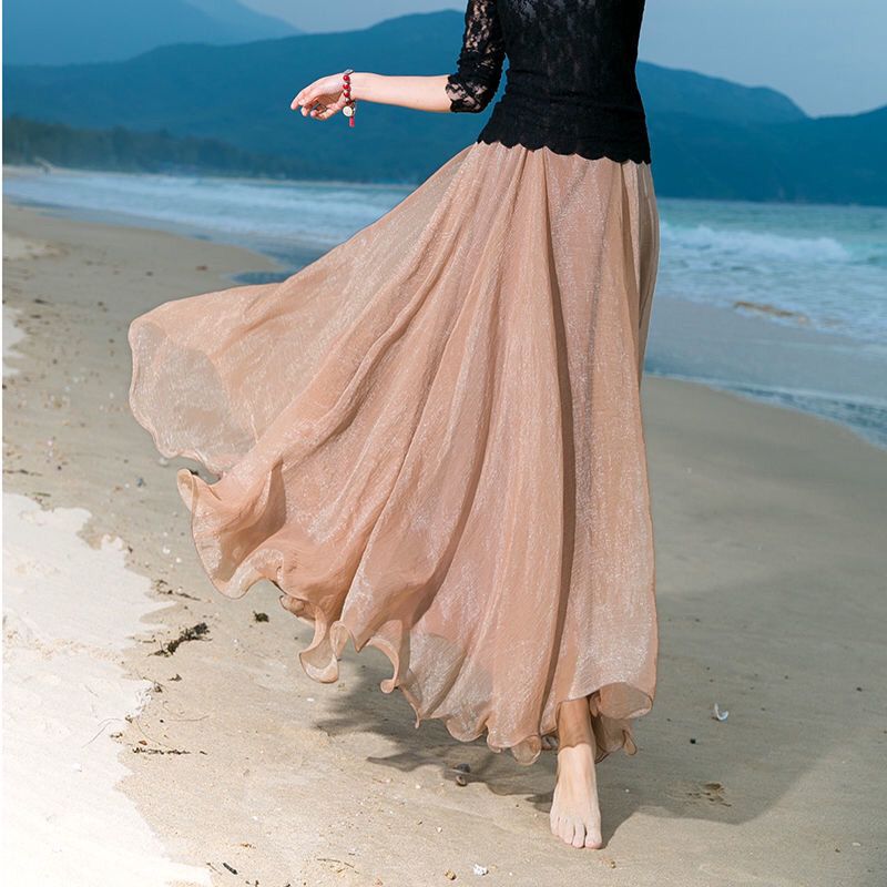 Jupes pour femmes Nouveauté 2026 Été Taille élastique Élégante Vacances en bord de mer Bohème Longue jupe en mousseline Grande taille Femme