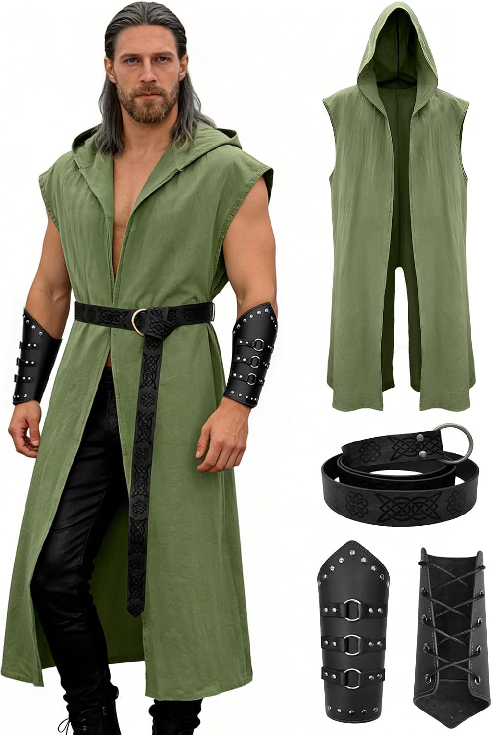 Ensemble de costumes Renaissance pour hommes – Costume médiéval/Renaissance pour hommes avec sur-manteau à capuche, ceinture en cuir et protège-bras