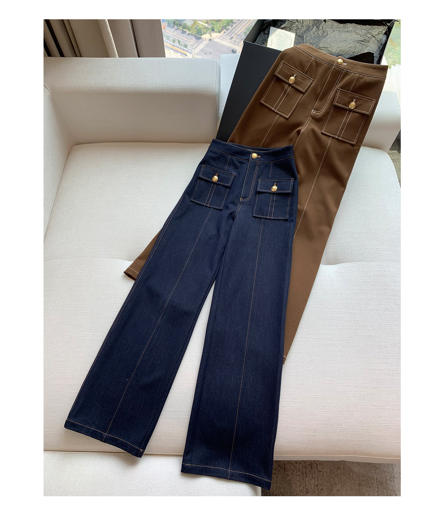Ensemble veste et pantalon droit, nouveau style 2026, tendance japonaise, avec ceinture à boucle dorée surpiquée