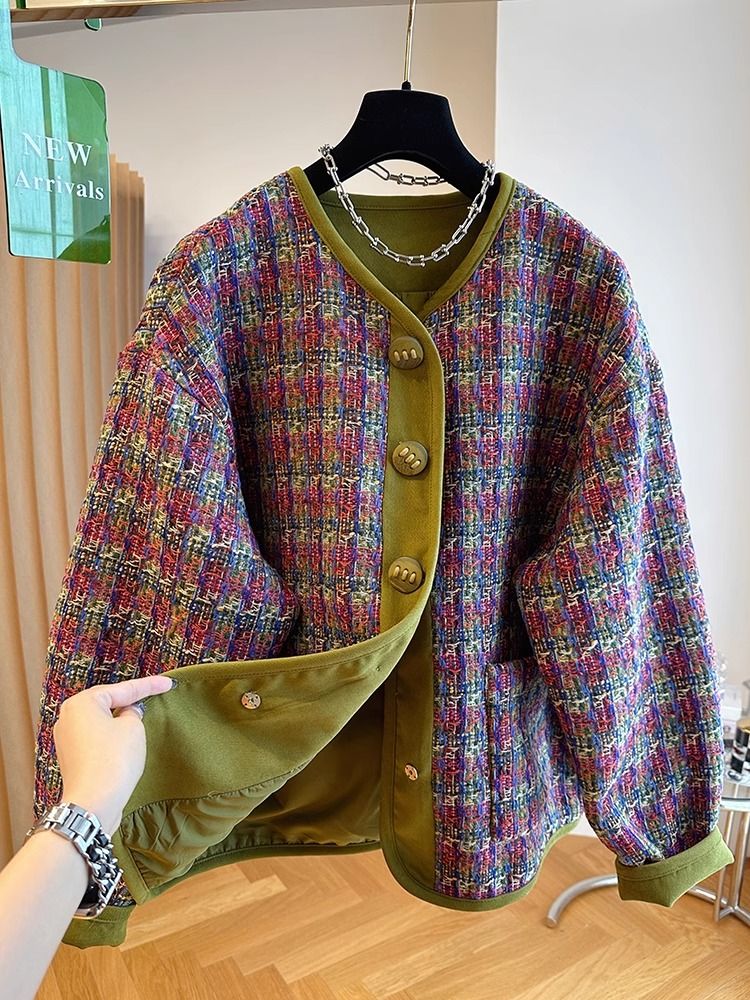 Veste en Tweed populaire coréenne élégante, ample, mode col rond, manteau en Tweed tissé pour hommes et femmes, tendance américaine d'automne, haut en daim esthétique