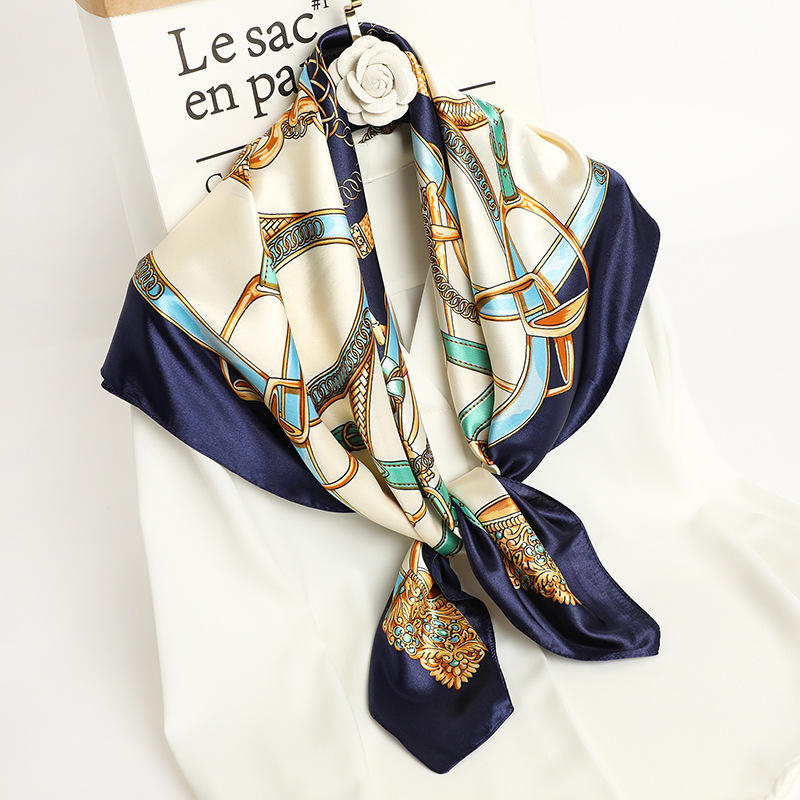 Foulard en Soie Imprimé 90x90cm, Grand Carré en Satin, Châle de Luxe pour Femme, Marque de Créateur, Hijab, Bandeau