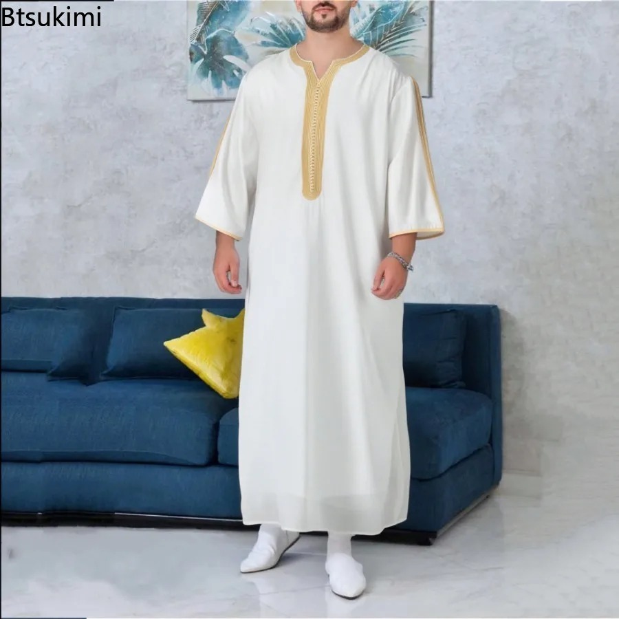 Nouvelle tenue musulmane pour hommes pour l'Aïd, style ethnique, abayas brodées à manches longues, robe ample décontractée de style saoudien, thobe musulman pour hommes