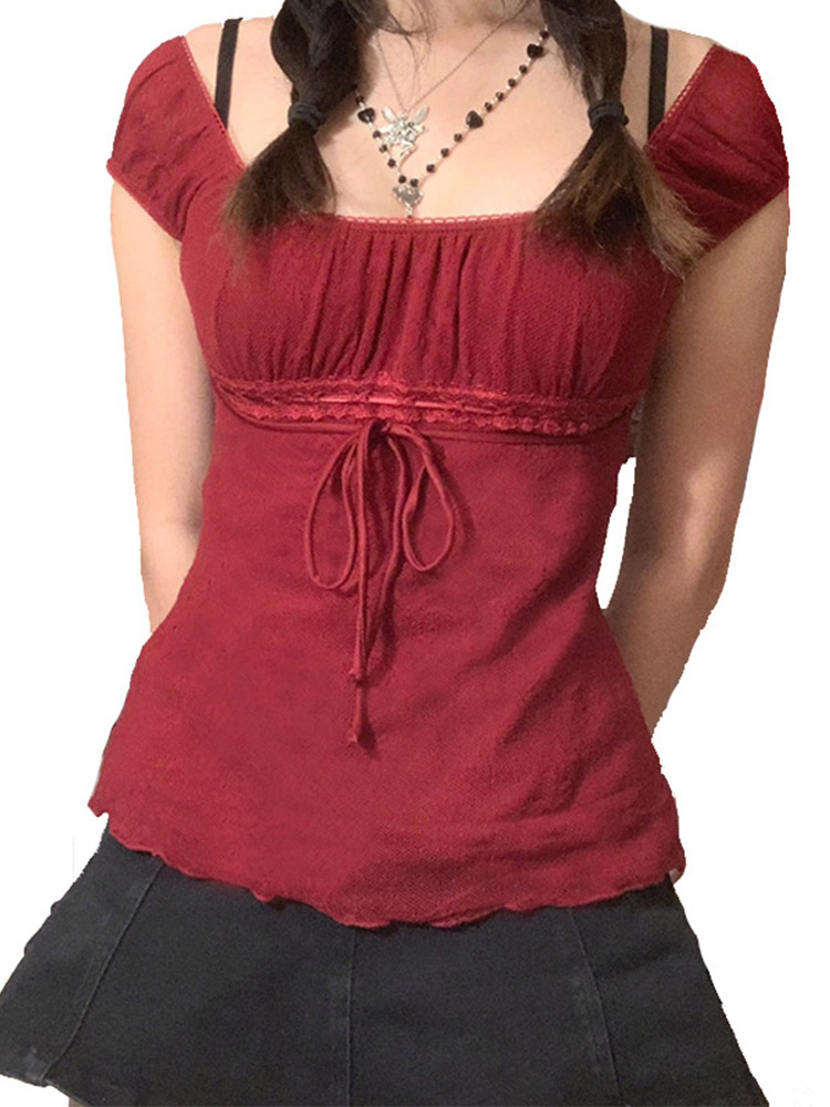 T-shirt en dentelle pour femmes, épaules dénudées, avec cordon de serrage, mode coréenne, fée Grunge, Streetwear, années 2000