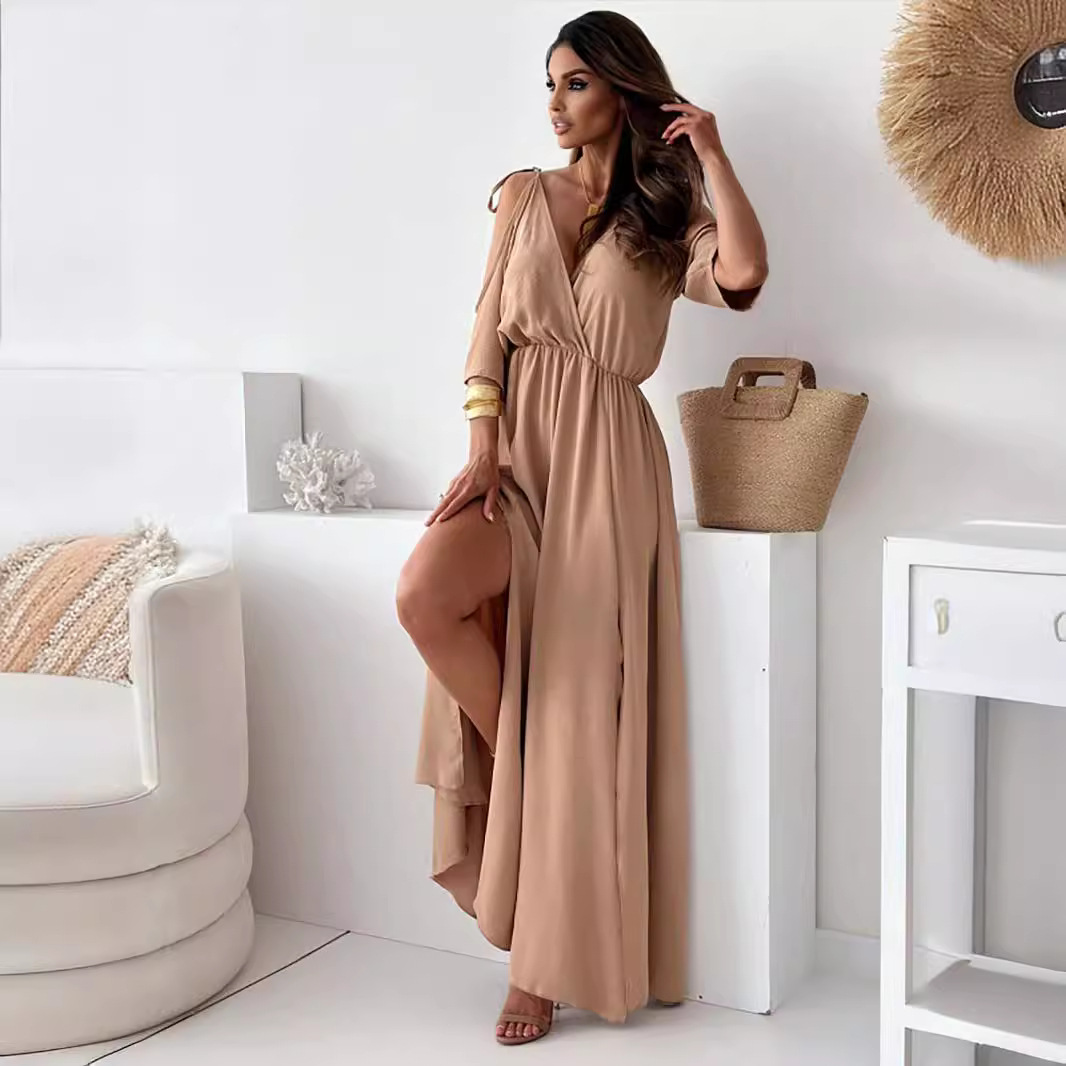 Robe longue décontractée à lacets pour femmes, robe de soirée fluide, col en V uni, manches courtes, mode élégante