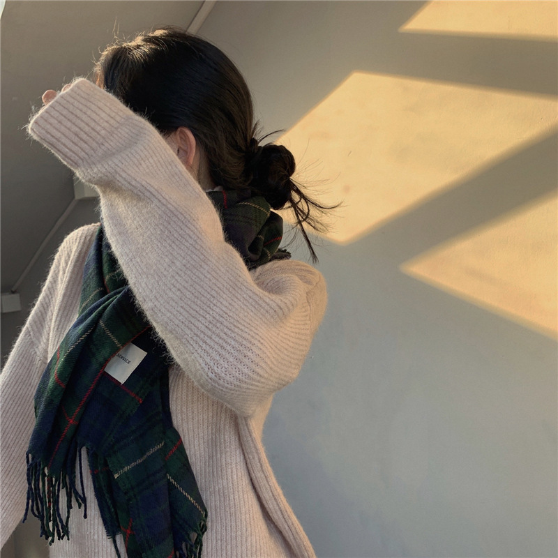 Écharpe longue à carreaux en cachemire chaud pour femme, Pashmina, Bandana, luxe, Hijab, pompon, châle, paréo, hiver, 2023