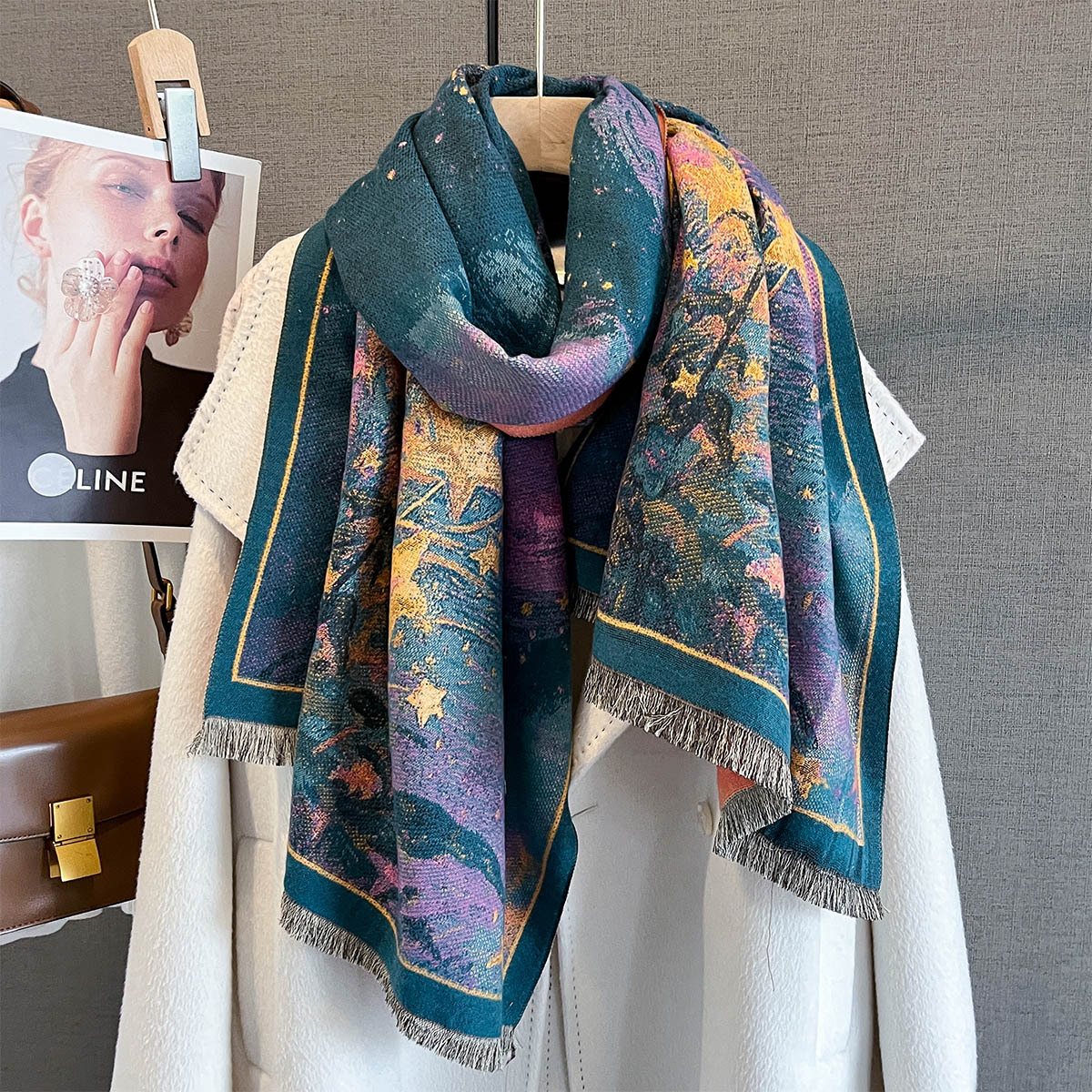 Écharpe chaude automne/hiver 185x65cm, châle à pampilles imprimé étoiles, Imitation cachemire épais, couverture coupe-vent résistante au froid pour femmes