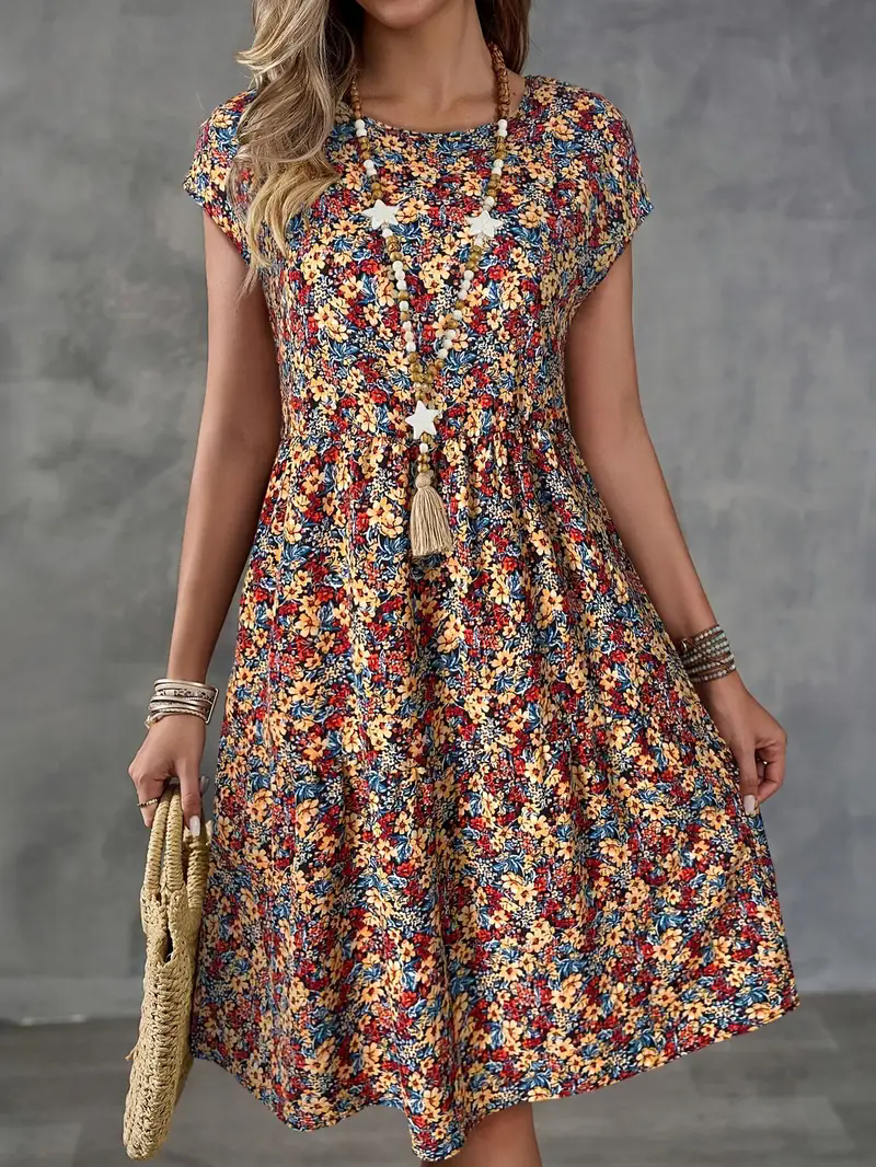 Robe d'été à manches courtes et col rond pour femmes, imprimé floral, style décontracté et ample pour les vacances