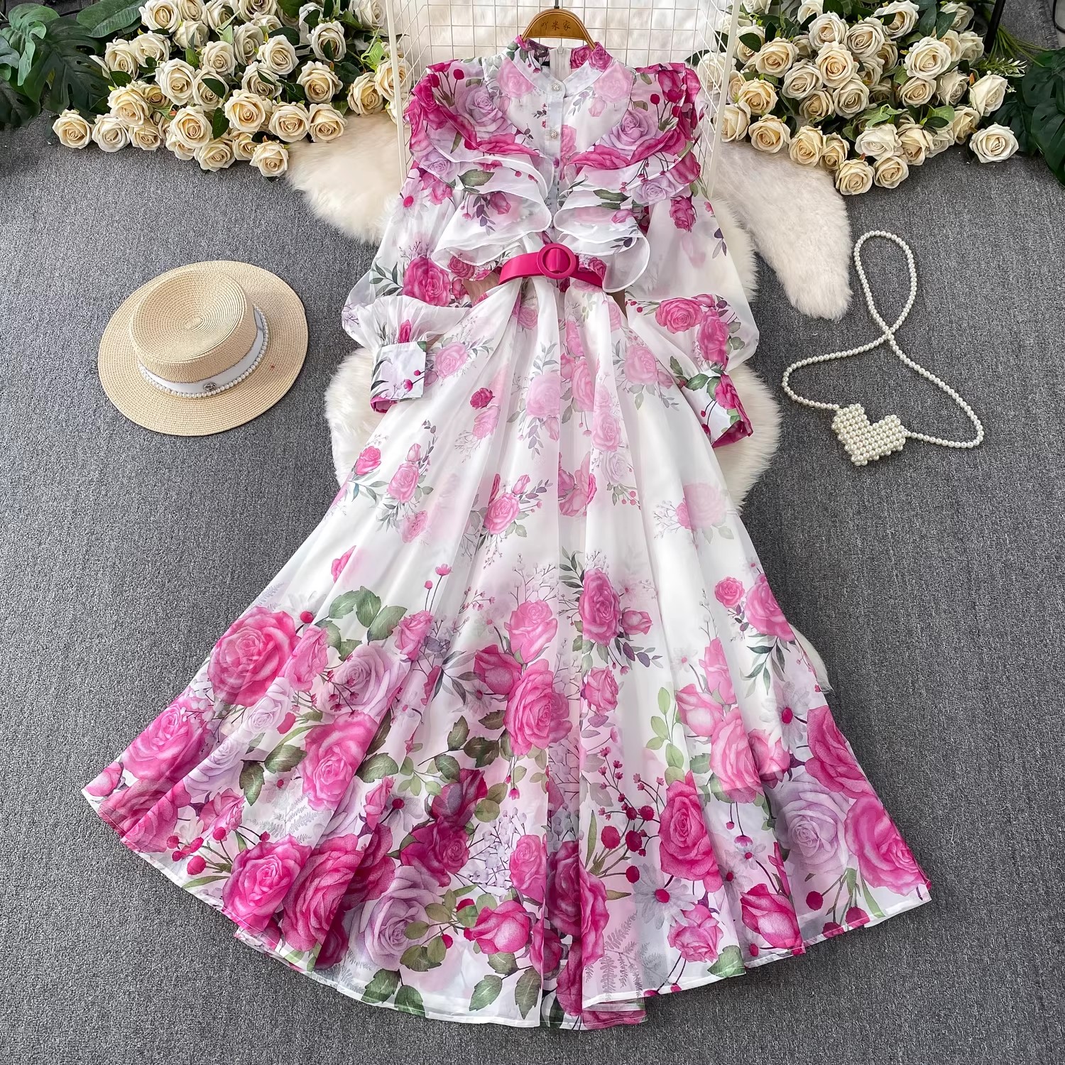 Robe Chic et Élégante à Col Montant, Manches Longues Bouffantes, Grande Jupe Évasée, Boutonnage Simple, Ceinture Ajustable, Imprimée, pour l'Été