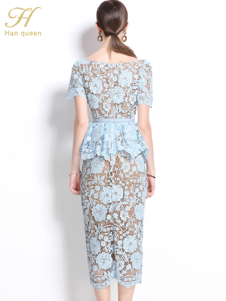 H Han Queen Robe de soirée vintage ajourée en dentelle pour femmes, manches courtes, luxueuse, à simple boutonnage, longue, pour l'été