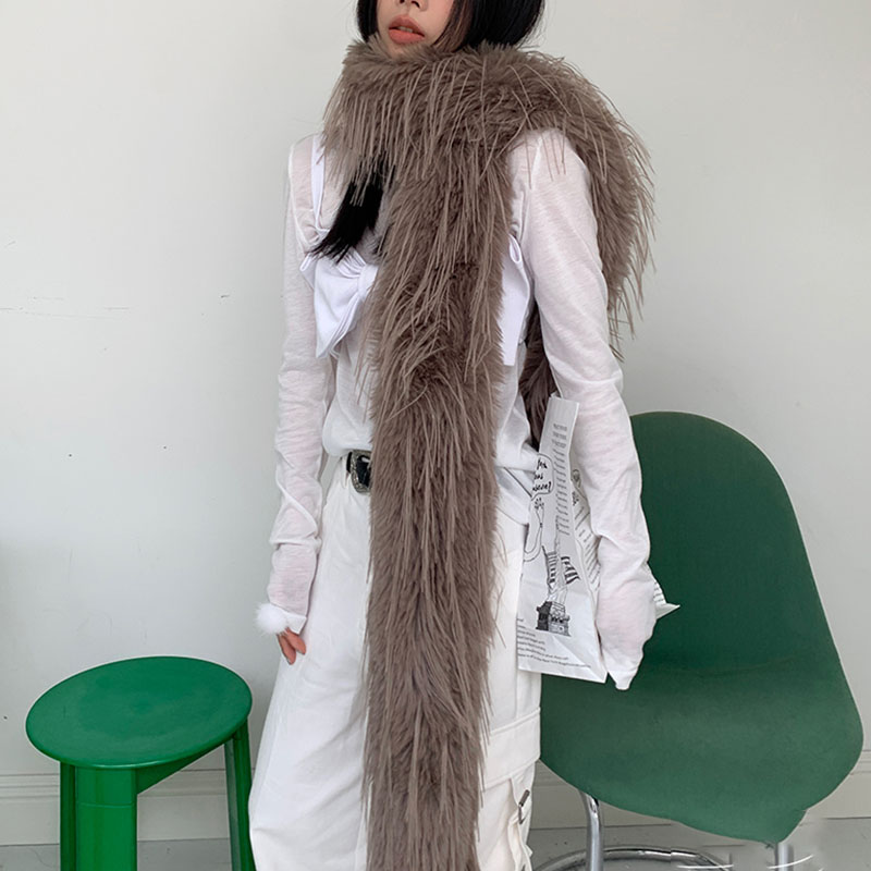 Écharpe à cheveux longs marron, châle en peluche de couleur unie, chaud et épais avec pompon, Imitation fourrure, chaîne pour femmes, cadeau du nouvel an, hiver